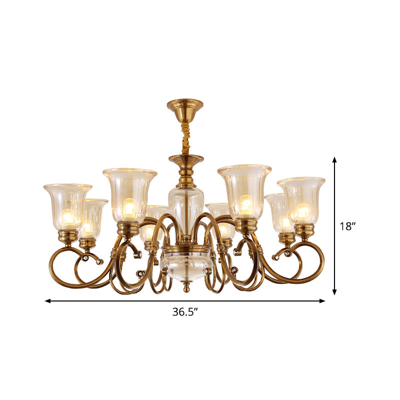 Bell Living Room Chandelier Lamp Farmhouse Clear Glass 3/6/8 Lights Brass Suspension Lighting with Metal Swooping Arm Clearhalo 'Ceiling Lights' 'Chandeliers' Lighting' options 1474224