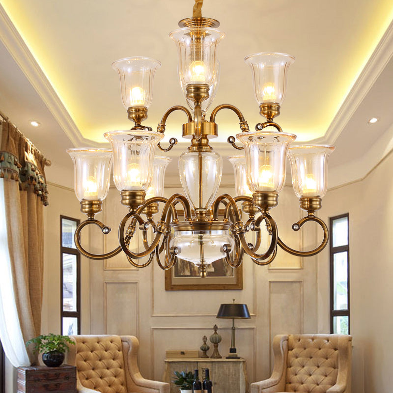 Bell Living Room Chandelier Lamp Farmhouse Clear Glass 3/6/8 Lights Brass Suspension Lighting with Metal Swooping Arm Clearhalo 'Ceiling Lights' 'Chandeliers' Lighting' options 1474225