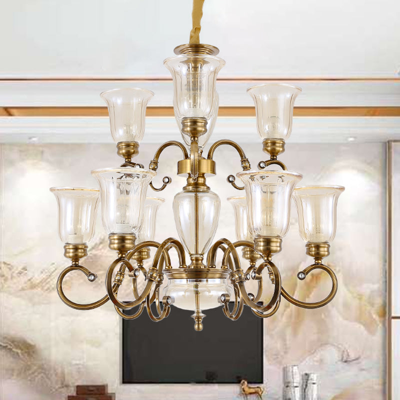 Bell Living Room Chandelier Lamp Farmhouse Clear Glass 3/6/8 Lights Brass Suspension Lighting with Metal Swooping Arm Clearhalo 'Ceiling Lights' 'Chandeliers' Lighting' options 1474226