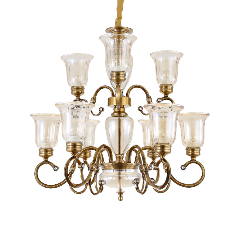 Bell Living Room Chandelier Lamp Farmhouse Clear Glass 3/6/8 Lights Brass Suspension Lighting with Metal Swooping Arm 9 Brass Clearhalo 'Ceiling Lights' 'Chandeliers' Lighting' options 1474227_57bc7175-741d-41f8-bf9b-3711d4eadc2e
