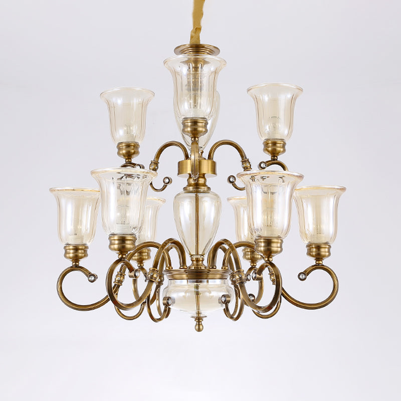 Bell Living Room Chandelier Lamp Farmhouse Clear Glass 3/6/8 Lights Brass Suspension Lighting with Metal Swooping Arm Clearhalo 'Ceiling Lights' 'Chandeliers' Lighting' options 1474228