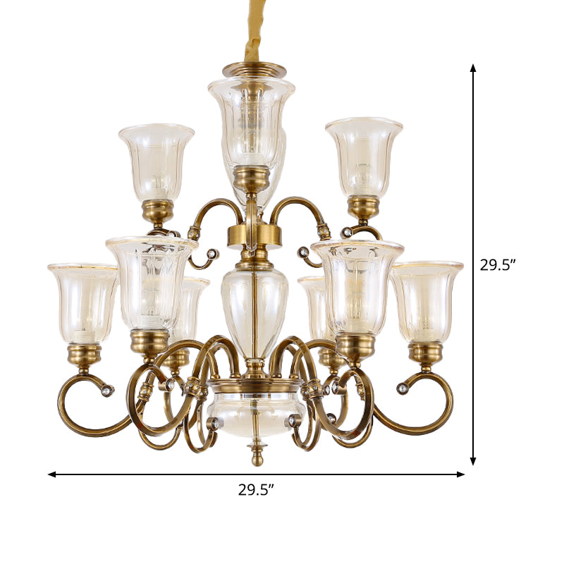 Bell Living Room Chandelier Lamp Farmhouse Clear Glass 3/6/8 Lights Brass Suspension Lighting with Metal Swooping Arm Clearhalo 'Ceiling Lights' 'Chandeliers' Lighting' options 1474229