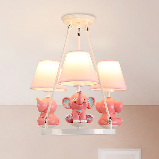 Resin Elephant Chandelier Light Fixture Kids 3 Heads Pink Pendant Lamp with Conical Fabric Shade Clearhalo 'Ceiling Lights' 'Chandeliers' Lighting' options 1474254