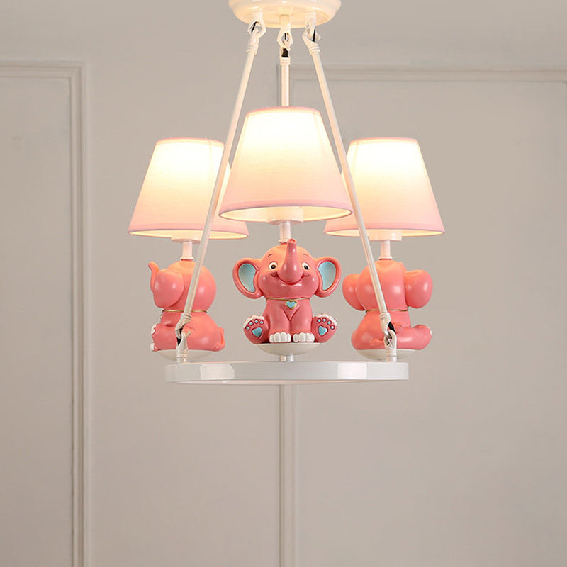 Resin Elephant Chandelier Light Fixture Kids 3 Heads Pink Pendant Lamp with Conical Fabric Shade Clearhalo 'Ceiling Lights' 'Chandeliers' Lighting' options 1474255