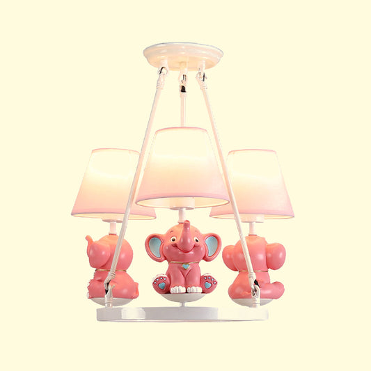 Resin Elephant Chandelier Light Fixture Kids 3 Heads Pink Pendant Lamp with Conical Fabric Shade Clearhalo 'Ceiling Lights' 'Chandeliers' Lighting' options 1474257