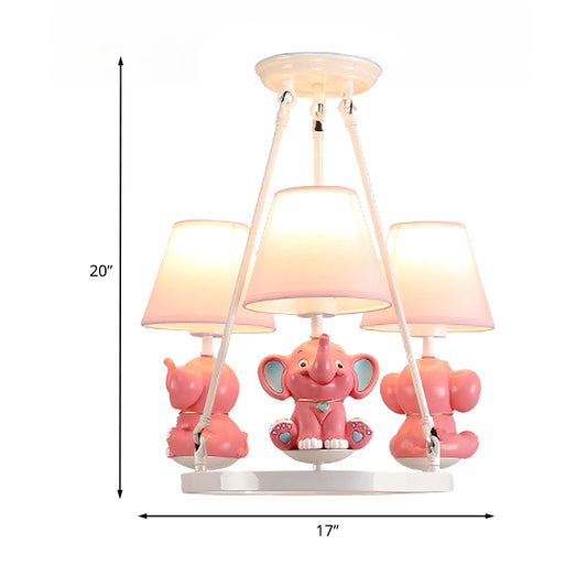 Resin Elephant Chandelier Light Fixture Kids 3 Heads Pink Pendant Lamp with Conical Fabric Shade Clearhalo 'Ceiling Lights' 'Chandeliers' Lighting' options 1474258