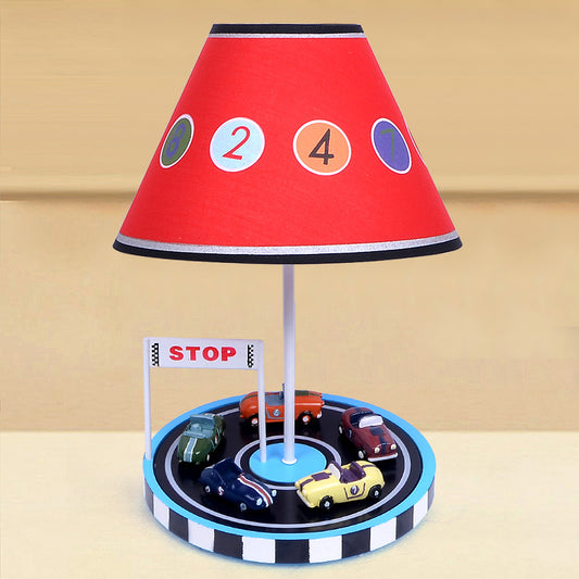Kids Tapered Fabric Table Light 1-Bulb Nightstand Lighting in Red with Racing Vehicle Decor Clearhalo 'Lamps' 'Table Lamps' Lighting' 1474276