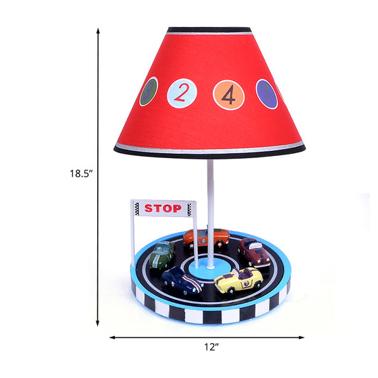 Kids Tapered Fabric Table Light 1-Bulb Nightstand Lighting in Red with Racing Vehicle Decor Clearhalo 'Lamps' 'Table Lamps' Lighting' 1474278