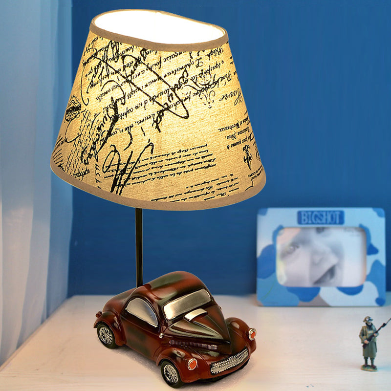 Barrel Night Table Lamp Kids Fabric 1-Light Bedroom Nightstand Light in Beige with Car Base Beige Clearhalo 'Lamps' 'Table Lamps' Lighting' 1474279