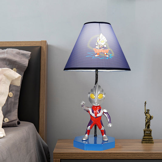 Blue Barrel/Trapezoid Table Lamp Kids 1 Head Fabric Nightstand Lighting with Ultraman Decoration Clearhalo 'Lamps' 'Table Lamps' Lighting' 1474289