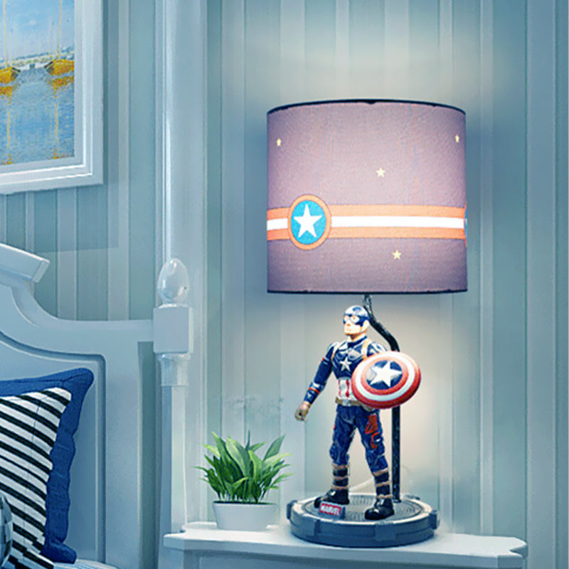 Cylinder Bedroom Night Table Lighting Fabric 1 Light Kids Nightstand Light in Blue with Cartoon Character Clearhalo 'Lamps' 'Table Lamps' Lighting' 1474305
