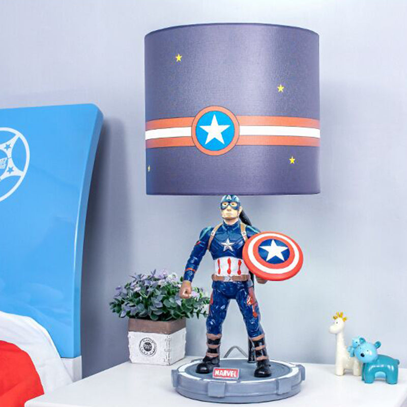 Cylinder Bedroom Night Table Lighting Fabric 1 Light Kids Nightstand Light in Blue with Cartoon Character Clearhalo 'Lamps' 'Table Lamps' Lighting' 1474306