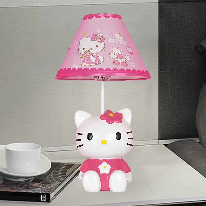 Kids Conical Night Table Lamp Fabric 1 Light Bedroom Nightstand Light in Pink with Moon/Elephant/Cat Base Clearhalo 'Lamps' 'Table Lamps' Lighting' 1474324