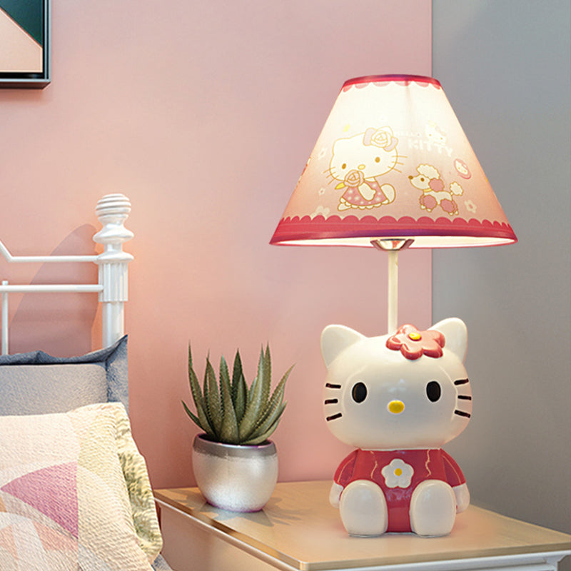Kids Conical Night Table Lamp Fabric 1 Light Bedroom Nightstand Light in Pink with Moon/Elephant/Cat Base Clearhalo 'Lamps' 'Table Lamps' Lighting' 1474325