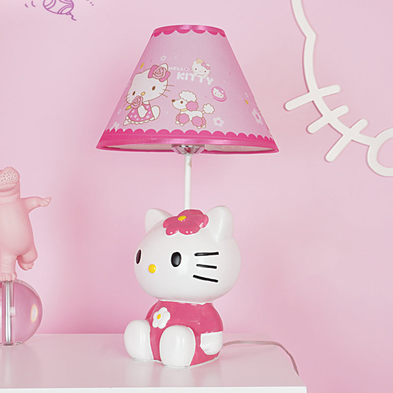 Kids Conical Night Table Lamp Fabric 1 Light Bedroom Nightstand Light in Pink with Moon/Elephant/Cat Base Pink Cat Clearhalo 'Lamps' 'Table Lamps' Lighting' 1474326