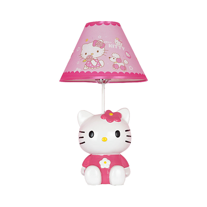 Kids Conical Night Table Lamp Fabric 1 Light Bedroom Nightstand Light in Pink with Moon/Elephant/Cat Base Clearhalo 'Lamps' 'Table Lamps' Lighting' 1474327