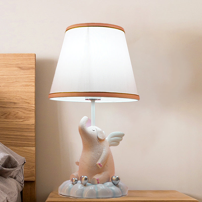 Kids Conical Night Table Lamp Fabric 1 Light Bedroom Nightstand Light in Pink with Moon/Elephant/Cat Base Clearhalo 'Lamps' 'Table Lamps' Lighting' 1474329