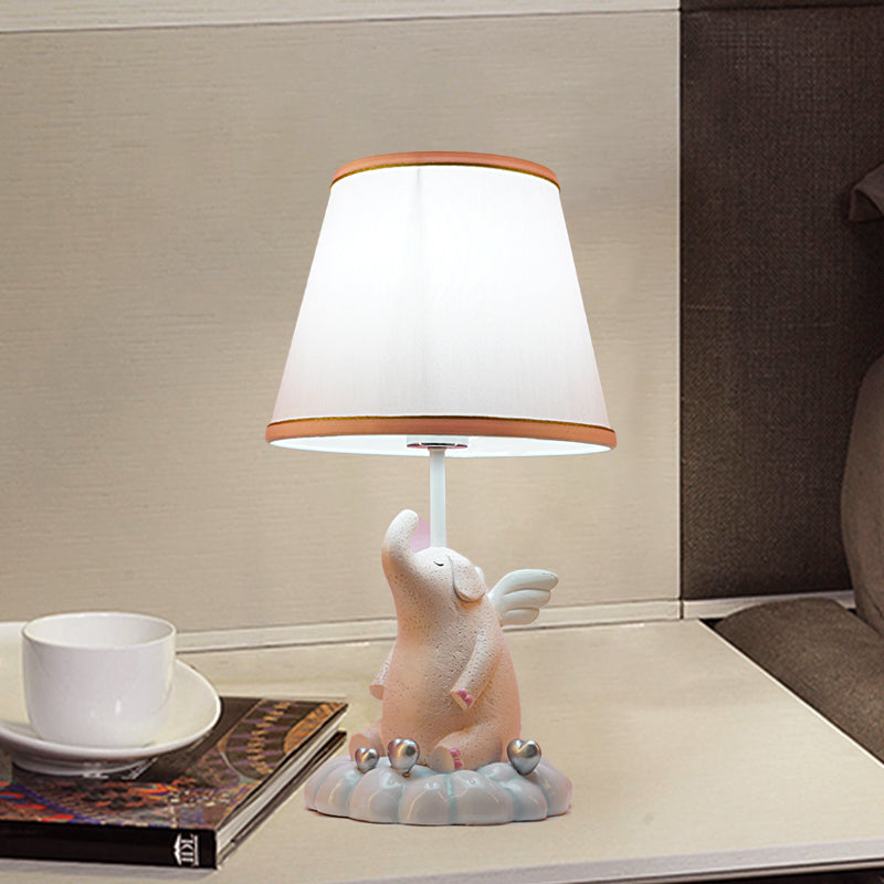 Kids Conical Night Table Lamp Fabric 1 Light Bedroom Nightstand Light in Pink with Moon/Elephant/Cat Base Clearhalo 'Lamps' 'Table Lamps' Lighting' 1474330