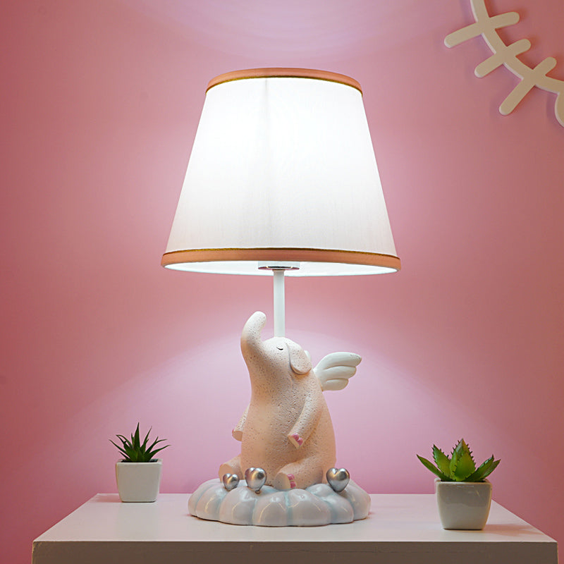 Kids Conical Night Table Lamp Fabric 1 Light Bedroom Nightstand Light in Pink with Moon/Elephant/Cat Base Pink Elephant Clearhalo 'Lamps' 'Table Lamps' Lighting' 1474331