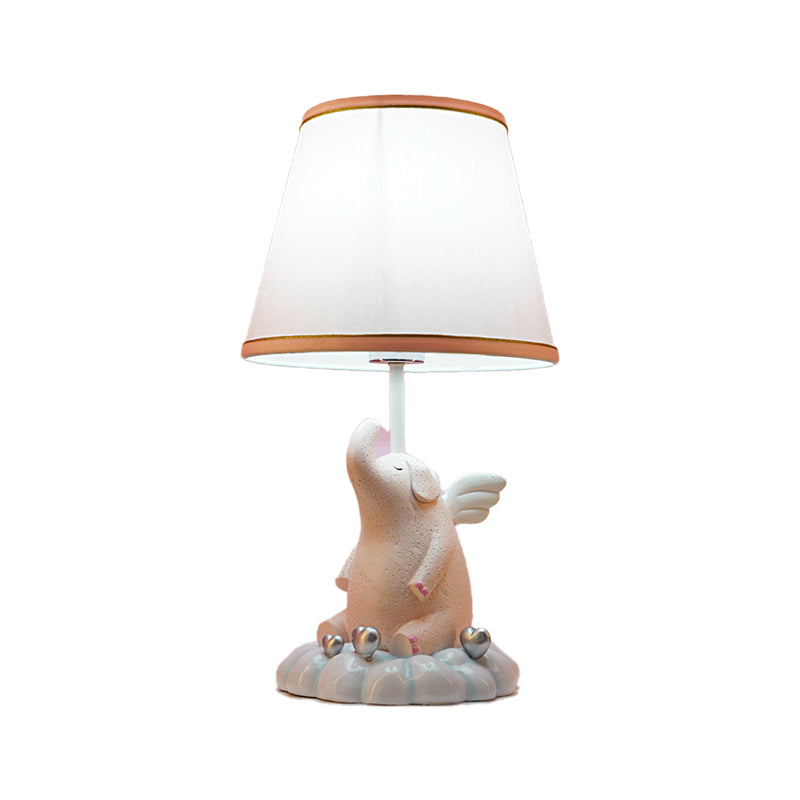 Kids Conical Night Table Lamp Fabric 1 Light Bedroom Nightstand Light in Pink with Moon/Elephant/Cat Base Clearhalo 'Lamps' 'Table Lamps' Lighting' 1474332