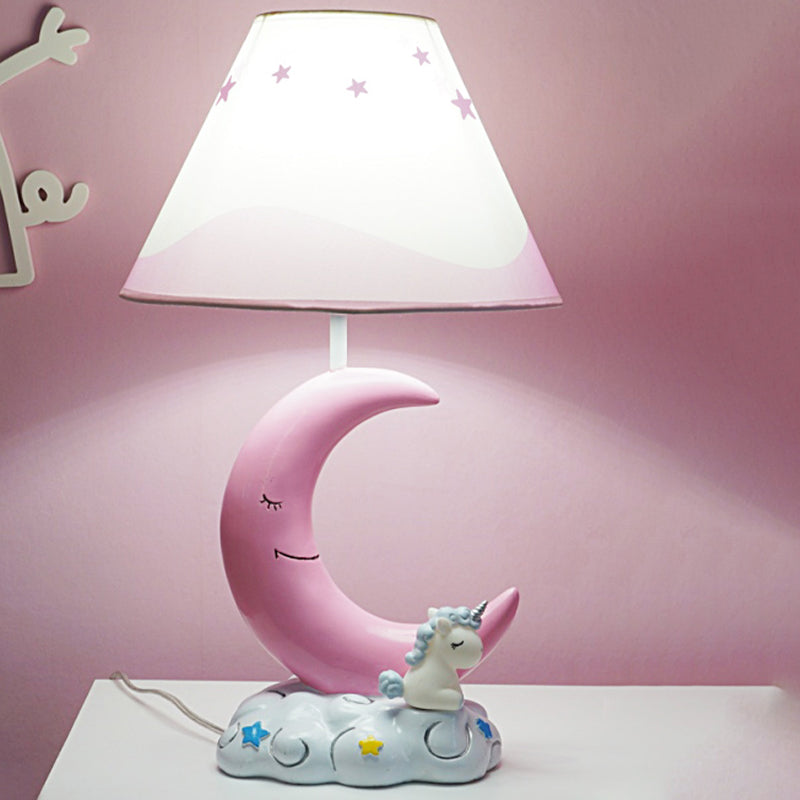 Kids Conical Night Table Lamp Fabric 1 Light Bedroom Nightstand Light in Pink with Moon/Elephant/Cat Base Clearhalo 'Lamps' 'Table Lamps' Lighting' 1474334