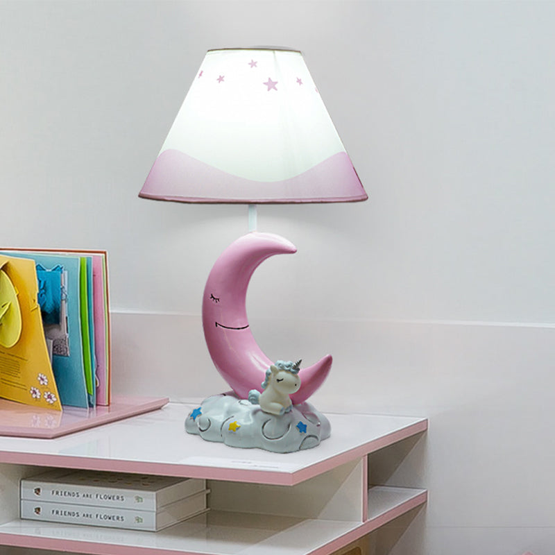 Kids Conical Night Table Lamp Fabric 1 Light Bedroom Nightstand Light in Pink with Moon/Elephant/Cat Base Clearhalo 'Lamps' 'Table Lamps' Lighting' 1474335