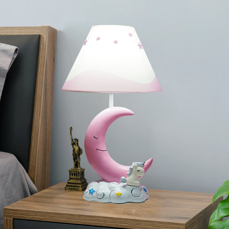 Kids Conical Night Table Lamp Fabric 1 Light Bedroom Nightstand Light in Pink with Moon/Elephant/Cat Base Pink Moon Clearhalo 'Lamps' 'Table Lamps' Lighting' 1474336