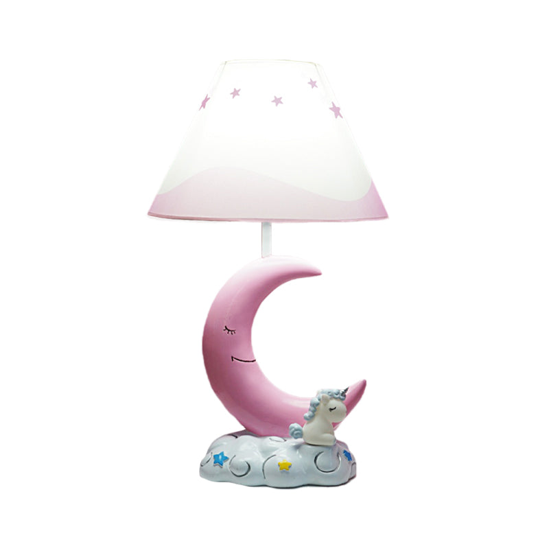 Kids Conical Night Table Lamp Fabric 1 Light Bedroom Nightstand Light in Pink with Moon/Elephant/Cat Base Clearhalo 'Lamps' 'Table Lamps' Lighting' 1474337