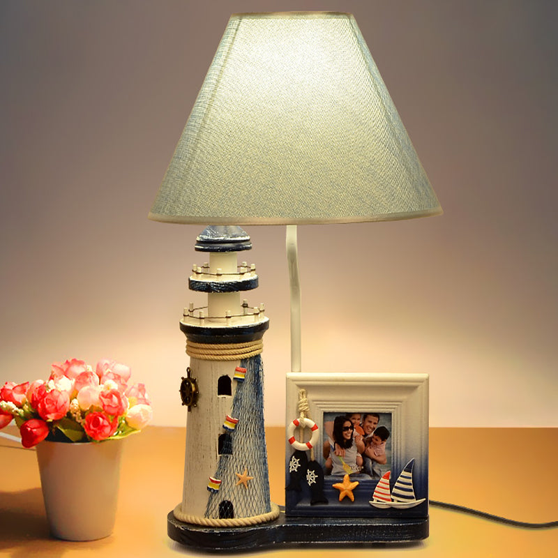 Lighthouse Wood Night Lamp Kids 1 Bulb Blue Table Light with Fabric Shade and Photo Frame Blue Clearhalo 'Lamps' 'Table Lamps' Lighting' 1474339