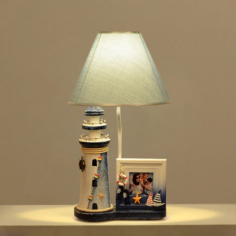 Lighthouse Wood Night Lamp Kids 1 Bulb Blue Table Light with Fabric Shade and Photo Frame Clearhalo 'Lamps' 'Table Lamps' Lighting' 1474340