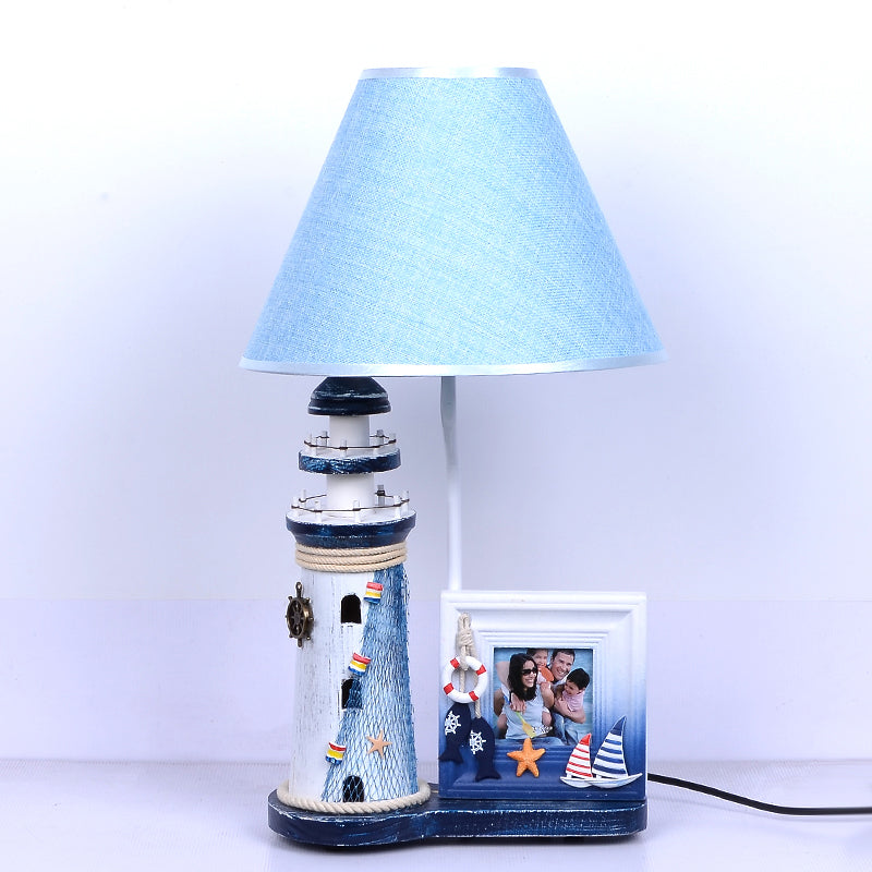 Lighthouse Wood Night Lamp Kids 1 Bulb Blue Table Light with Fabric Shade and Photo Frame Clearhalo 'Lamps' 'Table Lamps' Lighting' 1474341