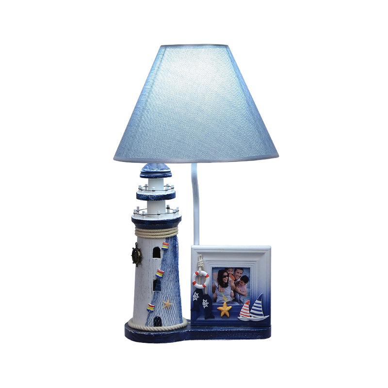 Lighthouse Wood Night Lamp Kids 1 Bulb Blue Table Light with Fabric Shade and Photo Frame Clearhalo 'Lamps' 'Table Lamps' Lighting' 1474342