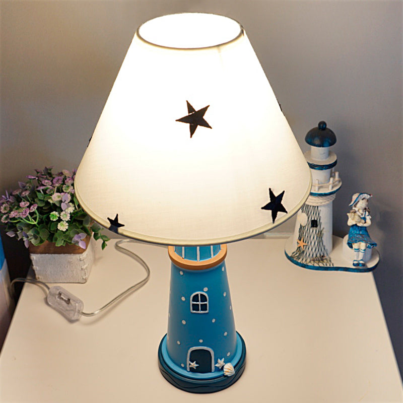 Resin Lighthouse Night Lighting Mediterranean 1 Head Blue Table Lamp with Tapered Fabric Shade Blue Clearhalo 'Lamps' 'Table Lamps' Lighting' 1474344