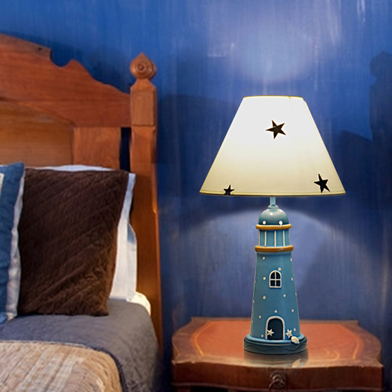 Resin Lighthouse Night Lighting Mediterranean 1 Head Blue Table Lamp with Tapered Fabric Shade Clearhalo 'Lamps' 'Table Lamps' Lighting' 1474345
