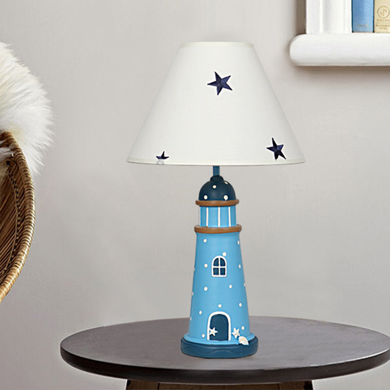 Resin Lighthouse Night Lighting Mediterranean 1 Head Blue Table Lamp with Tapered Fabric Shade Clearhalo 'Lamps' 'Table Lamps' Lighting' 1474346