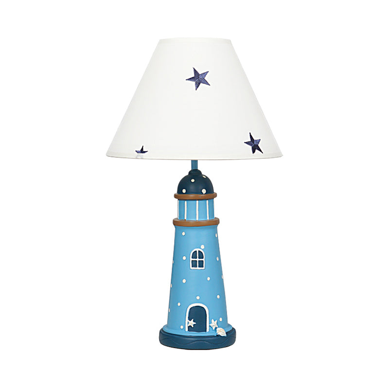 Resin Lighthouse Night Lighting Mediterranean 1 Head Blue Table Lamp with Tapered Fabric Shade Clearhalo 'Lamps' 'Table Lamps' Lighting' 1474347