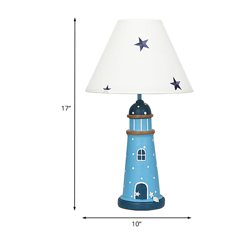 Resin Lighthouse Night Lighting Mediterranean 1 Head Blue Table Lamp with Tapered Fabric Shade Clearhalo 'Lamps' 'Table Lamps' Lighting' 1474348