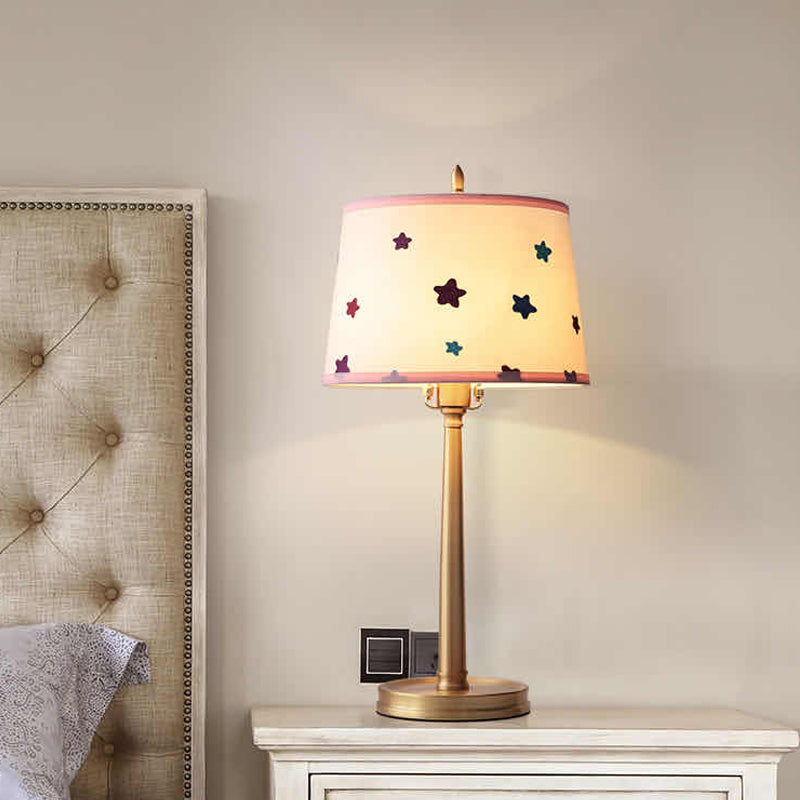 Modern Drum Fabric Table Lamp 1 Light Nightstand Lighting in Brass with Pentagram Pattern Clearhalo 'Lamps' 'Table Lamps' Lighting' 1474355