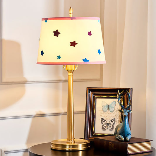 Modern Drum Fabric Table Lamp 1 Light Nightstand Lighting in Brass with Pentagram Pattern Clearhalo 'Lamps' 'Table Lamps' Lighting' 1474356