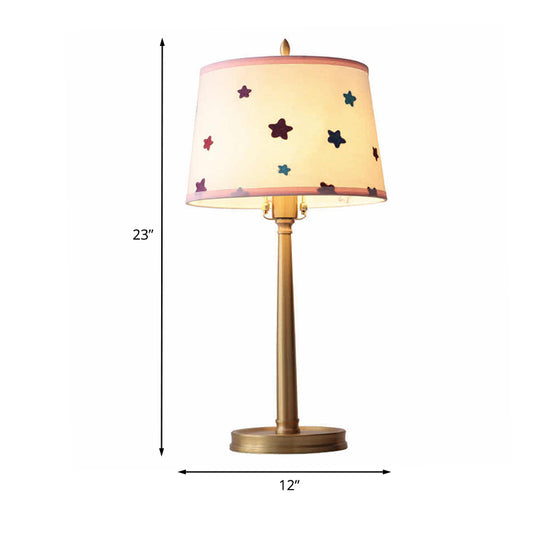 Modern Drum Fabric Table Lamp 1 Light Nightstand Lighting in Brass with Pentagram Pattern Clearhalo 'Lamps' 'Table Lamps' Lighting' 1474358