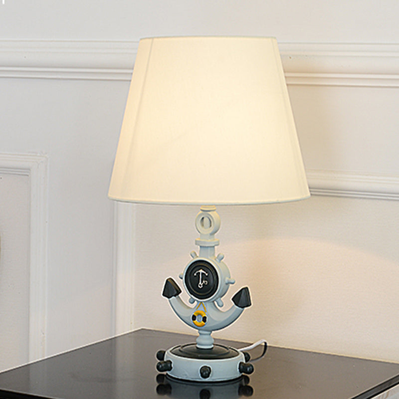 Blue Cone Night Table Light Mediterranean 1-Head Fabric Nightstand Lamp with Anchor Base Clearhalo 'Lamps' 'Table Lamps' Lighting' 1474380