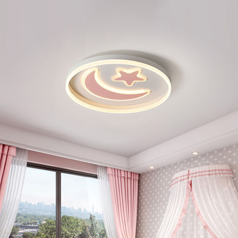 LED Bedroom Flush Mount Lighting Kids White/Pink/Blue Flush Light Fixture with Moon and Star Acrylic Shade - Clearhalo - 'Ceiling Lights' - 'Close To Ceiling Lights' - 'Close to ceiling' - 'Flush mount' - Lighting' - 1474456
