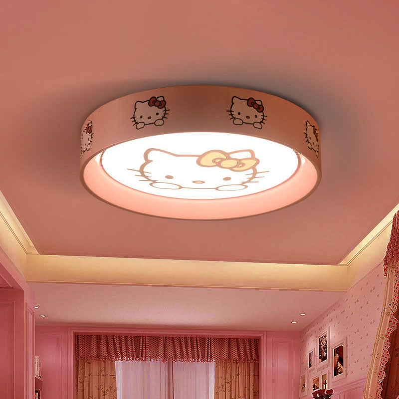 Round Nursery Flush Mount Light Metal LED Kids Flushmount Lighting in Pink with Cat Pattern, 16.5"/20.5" Wide Pink Clearhalo 'Ceiling Lights' 'Close To Ceiling Lights' 'Close to ceiling' 'Flush mount' Lighting' 1474465