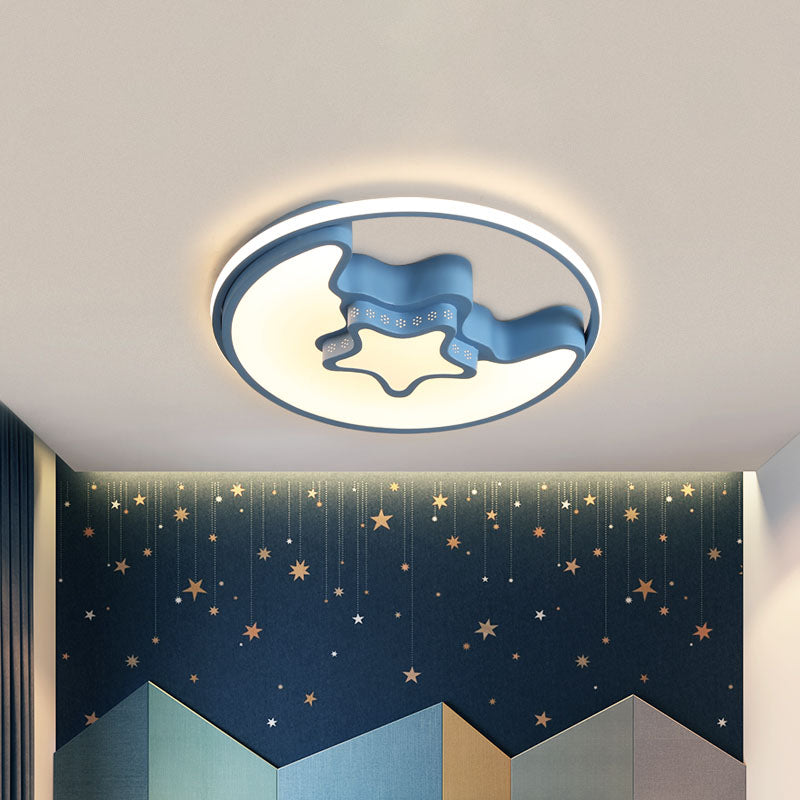Nordic LED Ceiling Fixture White/Pink/Blue Moon and Star Flush Mount Spotlight with Acrylic Shade in White/3 Color Light Clearhalo 'Ceiling Lights' 'Close To Ceiling Lights' 'Close to ceiling' 'Flush mount' Lighting' 1474527