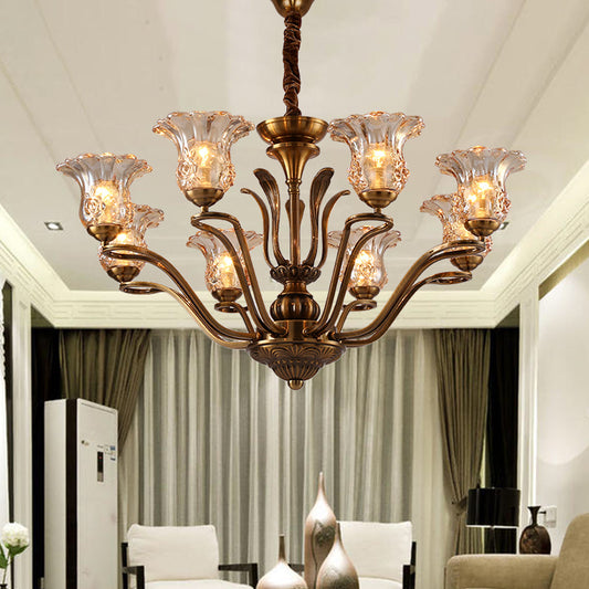 Flower Clear Glass Pendant Chandelier Rural 3/6/8 Heads Living Room Hanging Ceiling Light in Brass with Branching Design Clearhalo 'Ceiling Lights' 'Chandeliers' Lighting' options 1474611