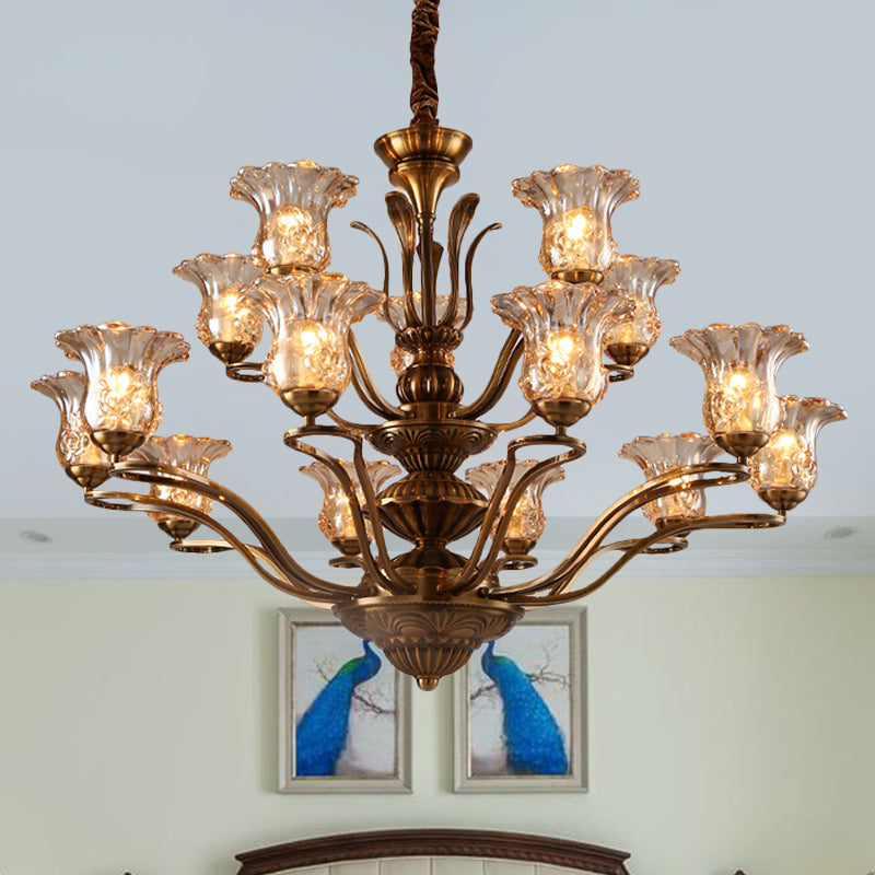 Flower Clear Glass Pendant Chandelier Rural 3/6/8 Heads Living Room Hanging Ceiling Light in Brass with Branching Design Clearhalo 'Ceiling Lights' 'Chandeliers' Lighting' options 1474615