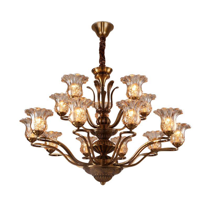 Flower Clear Glass Pendant Chandelier Rural 3/6/8 Heads Living Room Hanging Ceiling Light in Brass with Branching Design Clearhalo 'Ceiling Lights' 'Chandeliers' Lighting' options 1474617