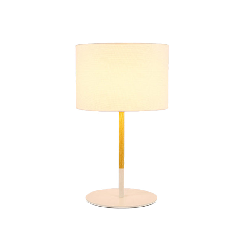 Black/White 1 Light Table Light Countryside Fabric Drum Shade Nightstand Lighting with Metal Base White Clearhalo 'Lamps' 'Table Lamps' Lighting' 1474622