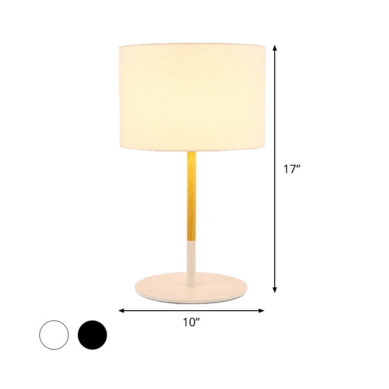 Black/White 1 Light Table Light Countryside Fabric Drum Shade Nightstand Lighting with Metal Base Clearhalo 'Lamps' 'Table Lamps' Lighting' 1474624