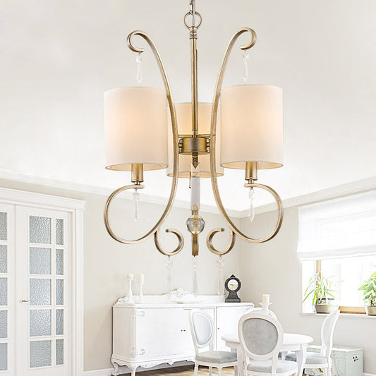 Gold Cylinder Chandelier Light Fixture Traditional Fabric 3-Bulb Metal Bedroom Hanging Lamp with Crystal Accent Clearhalo 'Ceiling Lights' 'Chandeliers' Lighting' options 1474630
